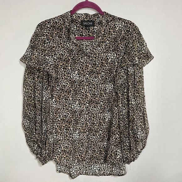 Saloni Button Down Top Women US 12 Brown Cheetah Flutter Silk Blouse Classic - Picture 1 of 9
